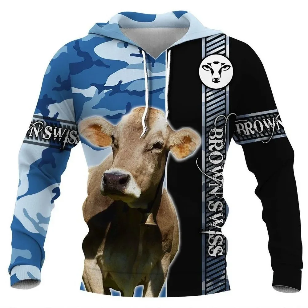

HX Brown Swiss Hoodie 3D Graphics Cattle Pullovers Hoodies Fashion Casual Splicing Tops Harajuku Hoody Men Clothing