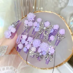 24pcs Heavy Metal False Nails Shiny Crystal Butterfly Purple Flowers Design Fake Nail Patch Long Ballet Coffin Press on Nails