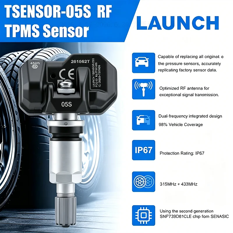 LAUNCH X431 LTR-05S TPMS Sensor 315/433MHz Dual Frequency Metal Rubber Valve Programmable Tire Pressure Monitor System OE-Level