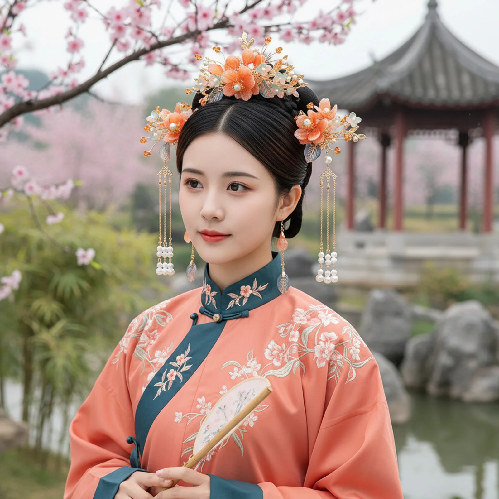 고대 한푸 헤어 액세서리 세트 전통 의상 결혼식 무대 공연을 위한 구슬 장식이 있는 중국 스타일 머리핀