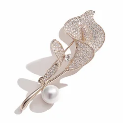 Luxury Exquisite Rhinestone Calla Lily Flower Brooches For Women Elegant Pearl Tulip Brooch Clothing Suit Lapel Pin Jewelry Gift