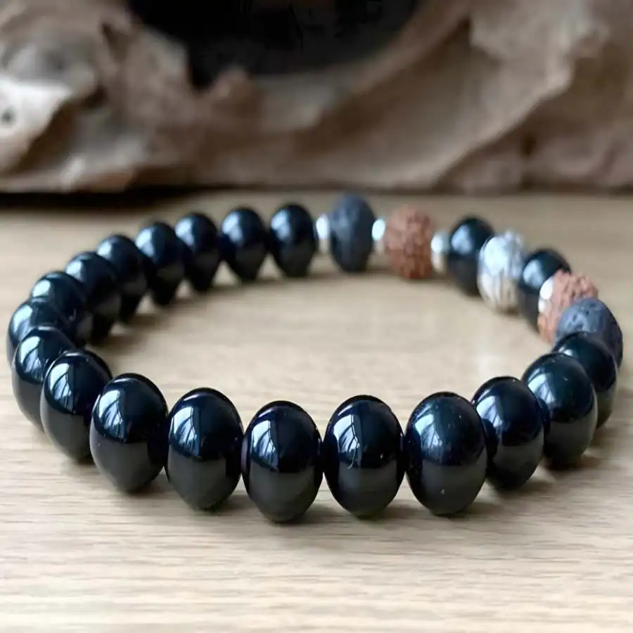 

Natural lava Rudraksha gemstone beads silver Bracelet gift Gemstone Prayer Buddhist Zen Women Nirvana Tibetan Buddha Spiritual