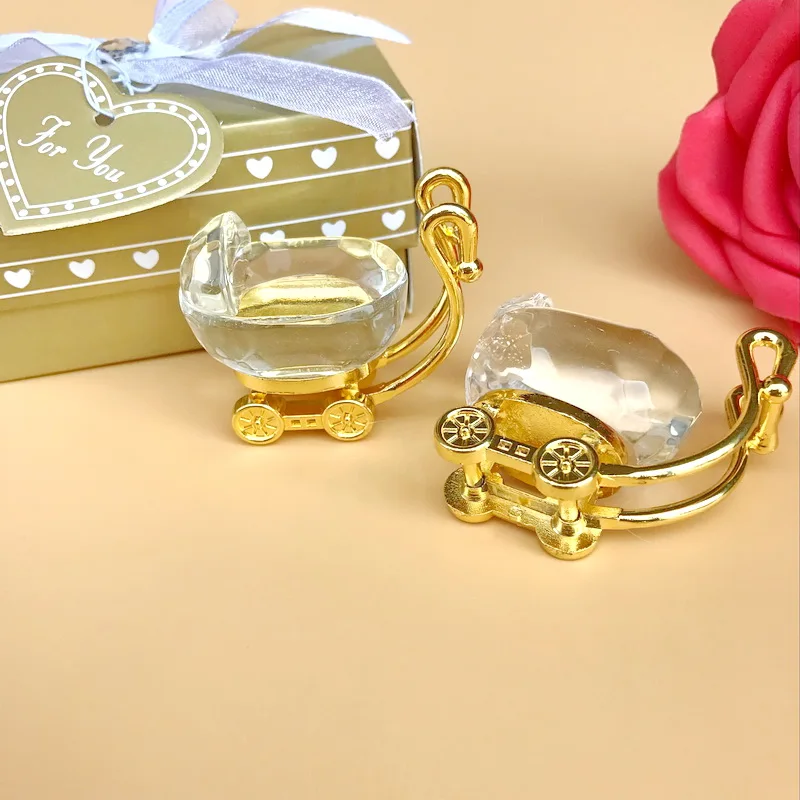 Gold Crystal Baby Carriage With Gift Box Packing Adorable Desktop Ornament Perfect For Baby Shower,Christening,Birthday 1-PCS