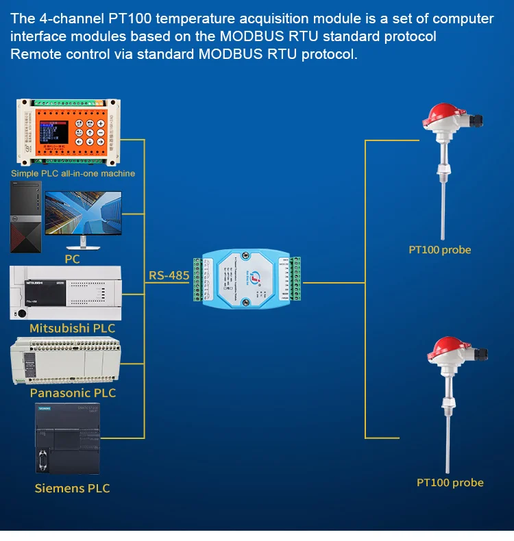 Huaqingjun 4-канальный модуль измерения температуры PT100, протокол MODBUS RTU, тепловое сопротивление для датчика температуры PT100