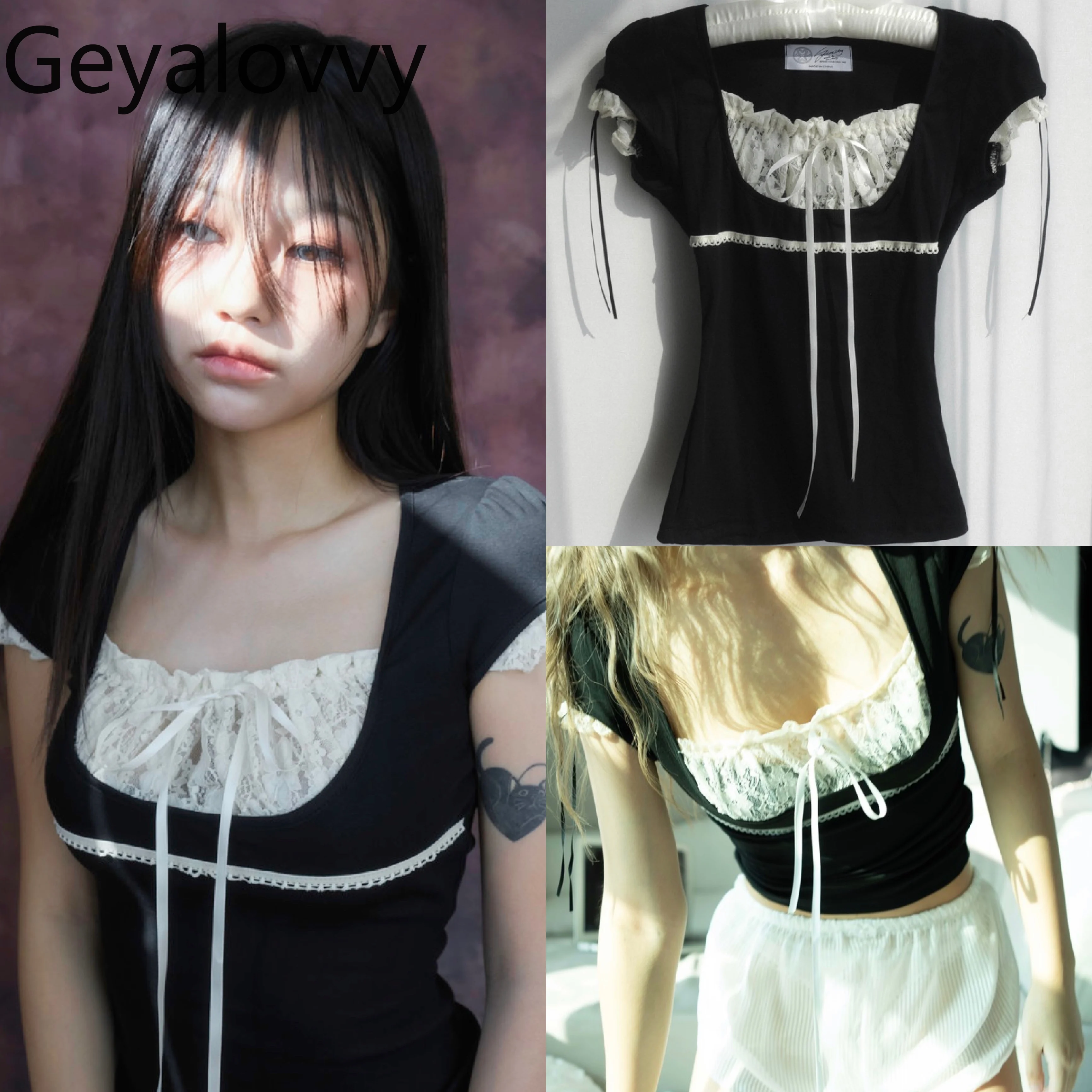 

Lady T-Shirts Korean Japanese Style Women's Tops Summer Versatile Casual Tees Lace Pleated Color Matching Short-sleeved T-shirt