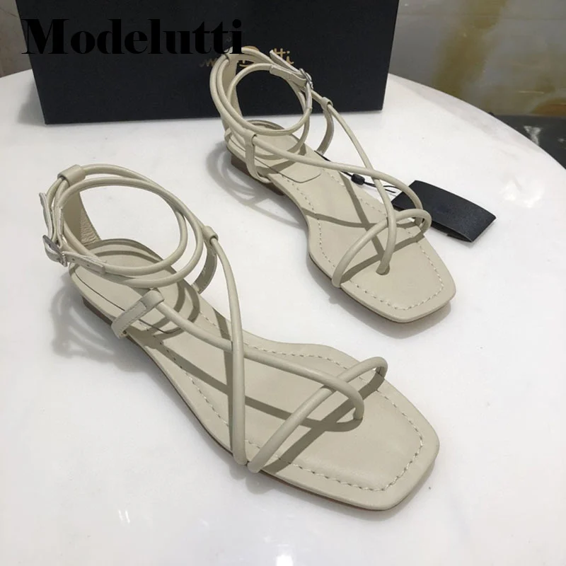 Spring 2023 New Summer Fashion Genuine Leather Thin Belt Straps Flat Sandals Women Solid Simple Casual Shoes Female