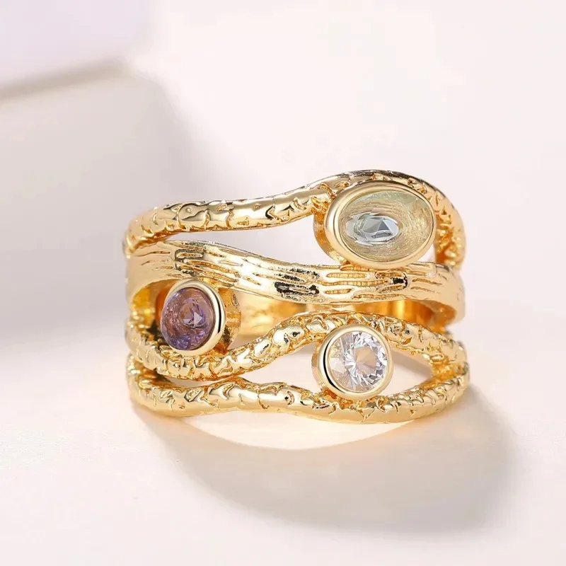 Fashion Irregular Rings for Women Gradient Colored Stone Gold Color Wedding Rings Chic  Multi Layer Party Statement Jewelry