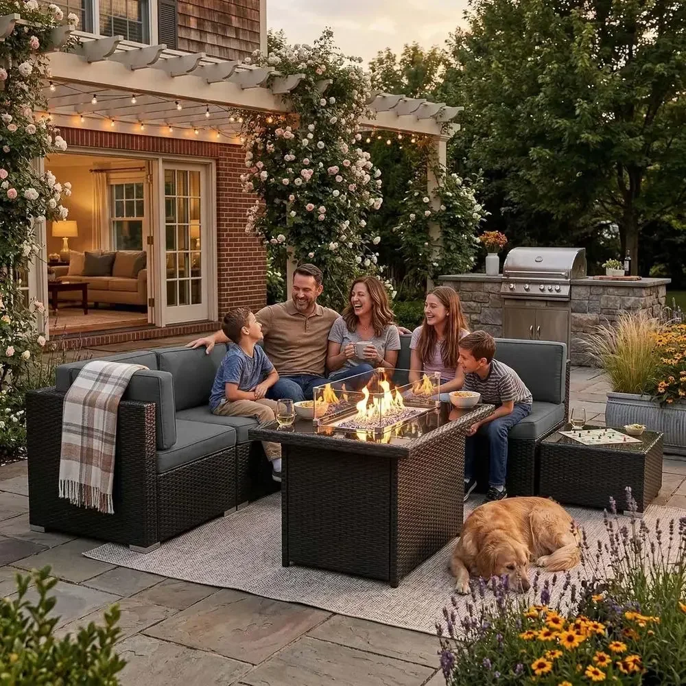 6-Piece Outdoor Wicker Sectional Sofa Set with 44 Gas Fire Pit Table