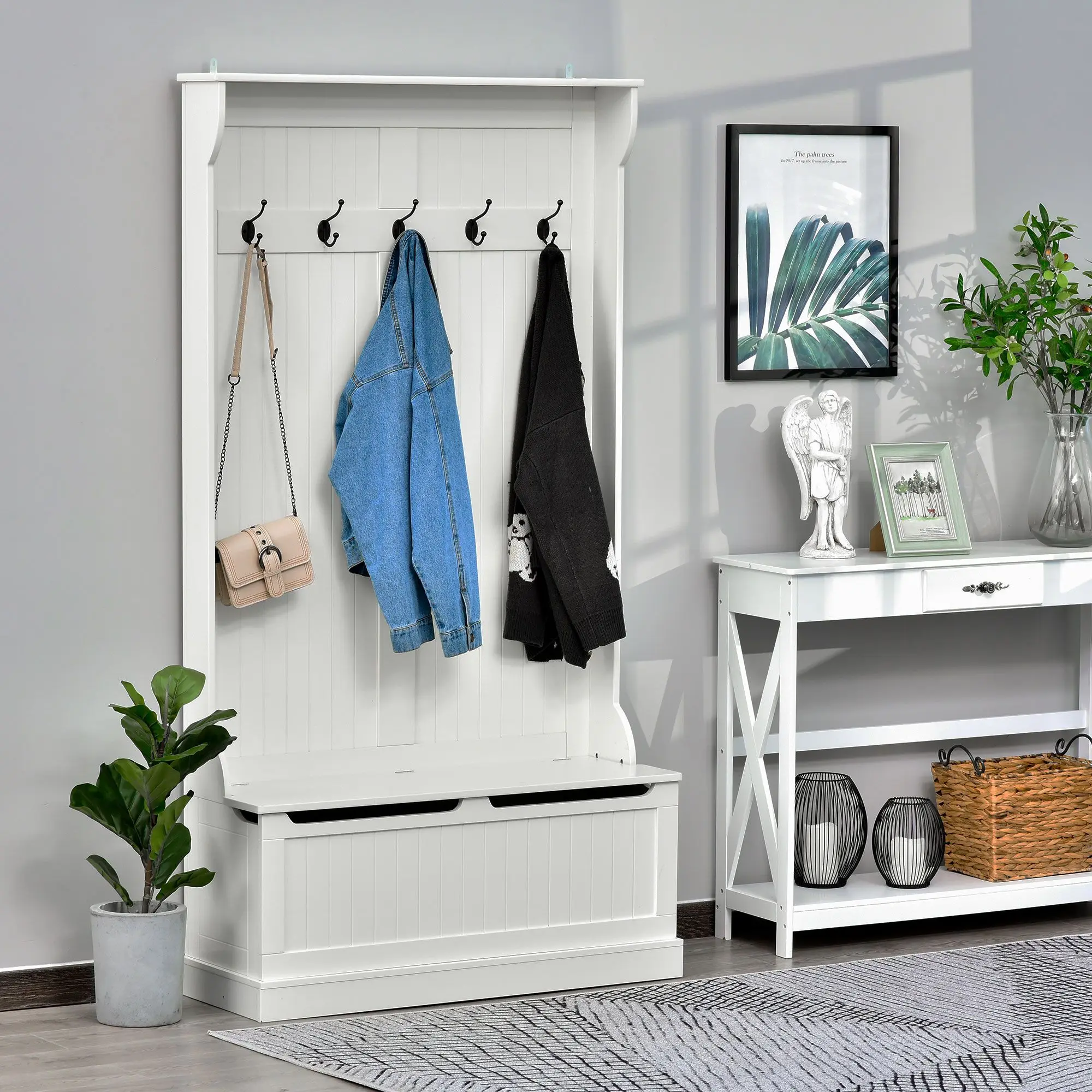 71" Hall Tree with Storage Bench, 3-In-1 Coat Rack, White Entryway Organizer view 2