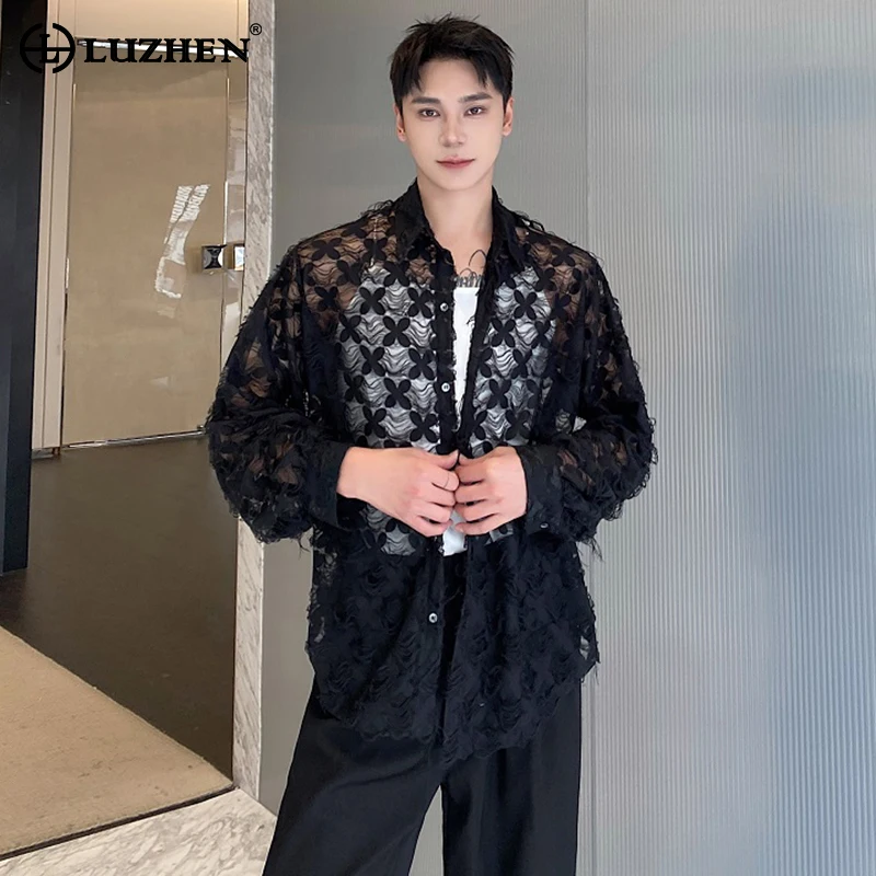 LUZHEN Stylish Personality Hollow Perspective Design Tops Men's 2024 New Trendy Elegant Casual Korean Long Sleeve Shirts LZ2205