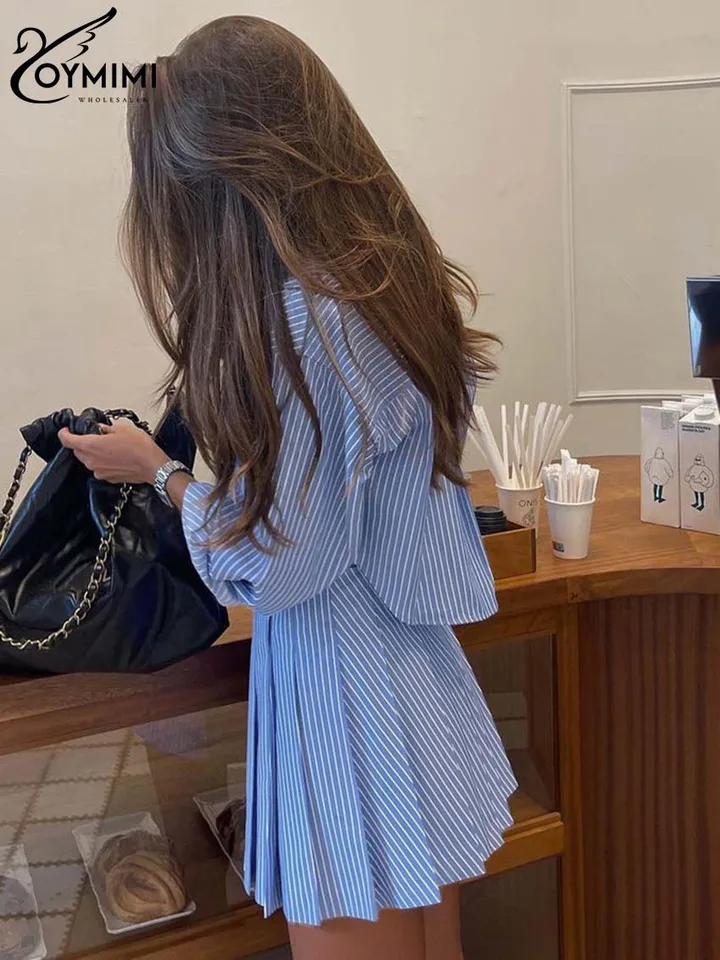 Oymimi Elegant Blue Striped Print Sets For Women 2 Pieces Fashion
