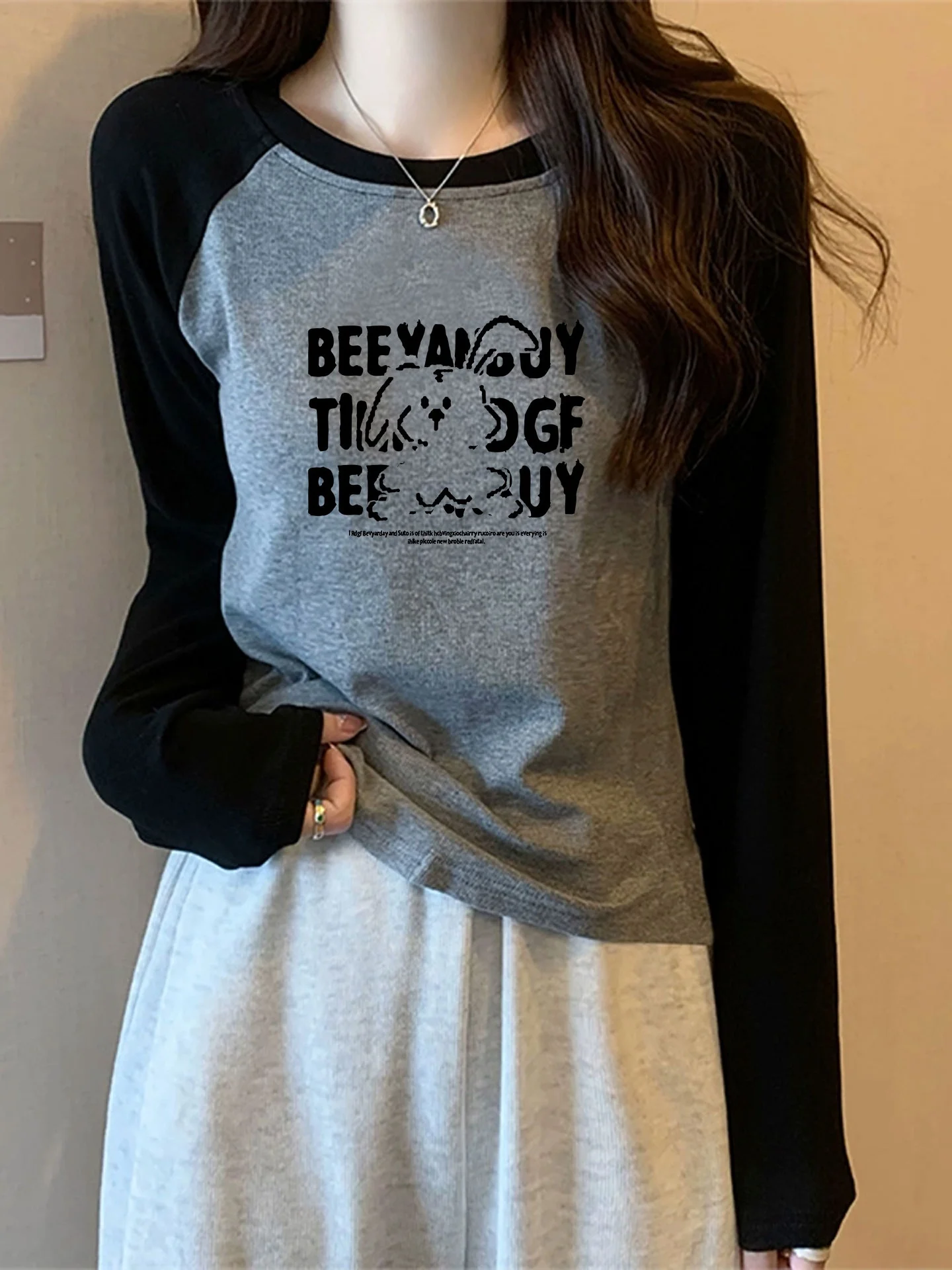 Korean Style Women's Long Sleeve T-Shirt Inner Wear Base Shirt Color Block Shoulder Insertion Fashionable Autumn Winter Top