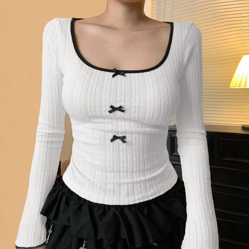 Y2k Aesthetic Patchwork Sweet Bow Vintage Tees Spring Streetwear Flare Sleeve Tshirts Women Harajuku Grunge Bodycon Cropped Tops