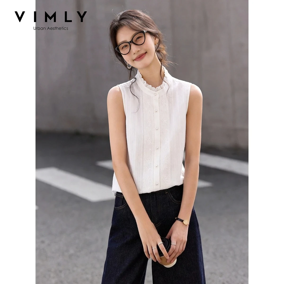 

VIMLY Vintage 100% Cotton Sleeveless Shirt for Women 2026 Summer White Ruffle Collar Embroidered Jacquard Straight Blouse A6086