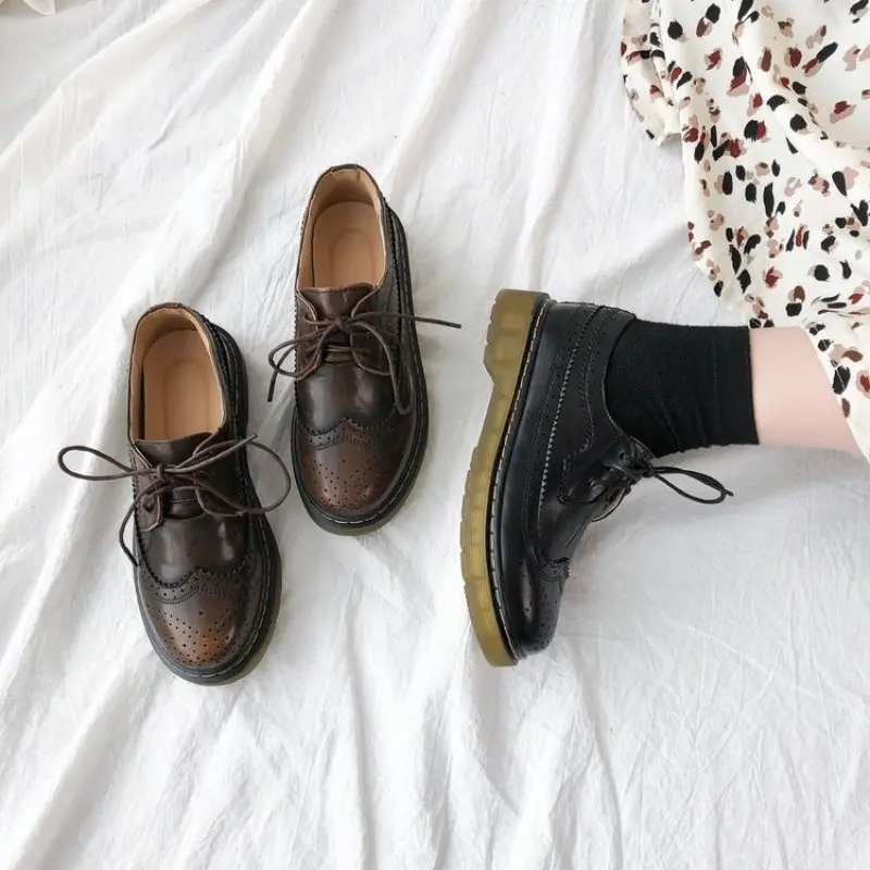 Ins Vintage England Style PU Leather Shoes Student Daily Joker Lace Up Flats Shoe Korean Spring Autumn Black Shoes 2022