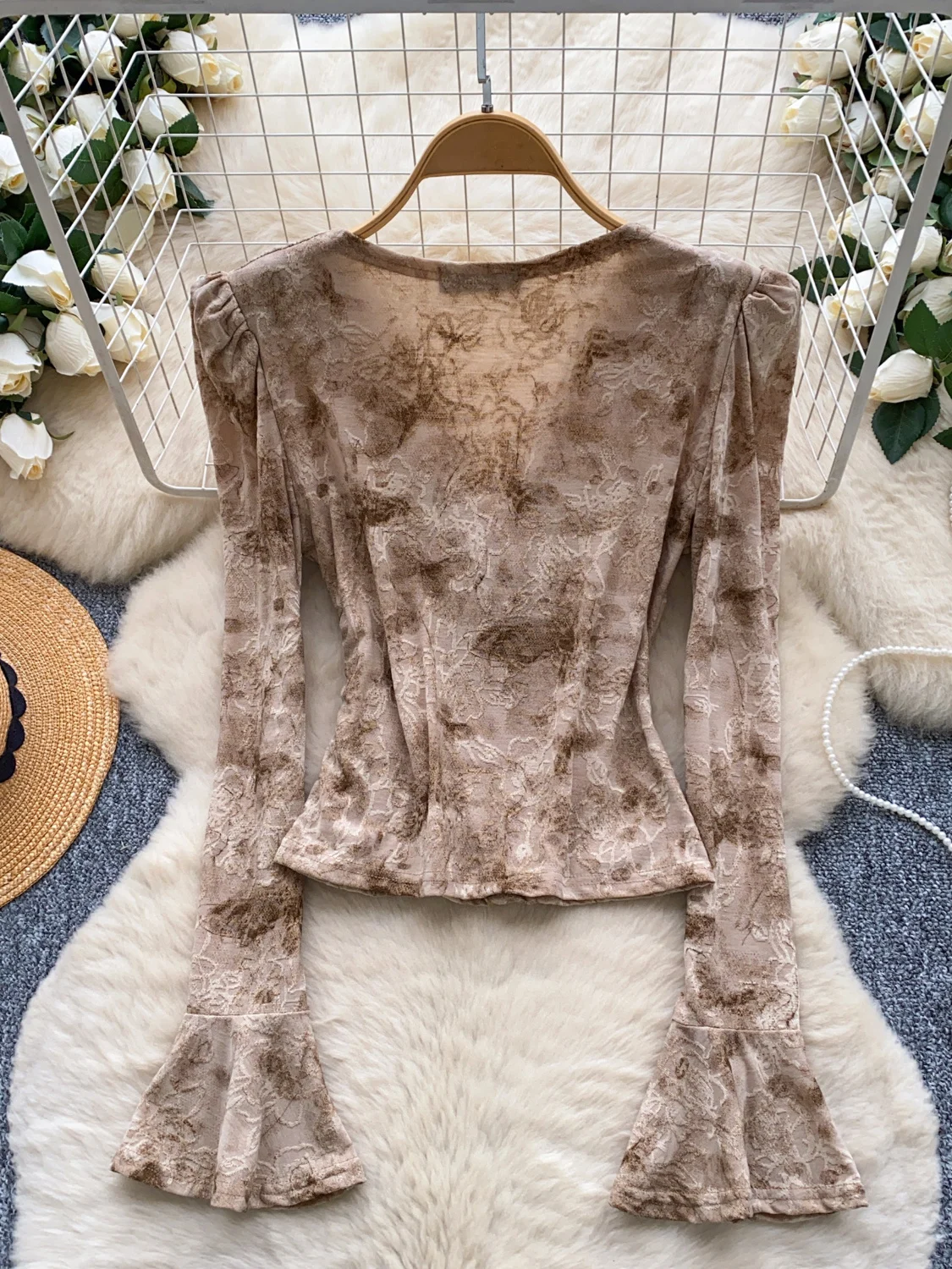 Slim Fit V-Ne Bell Sve irt Mujer Base irt Diseño cruzado Faionable Otoño Todo fósforo Top con efecto adelgazante Camiseta francesa Sle