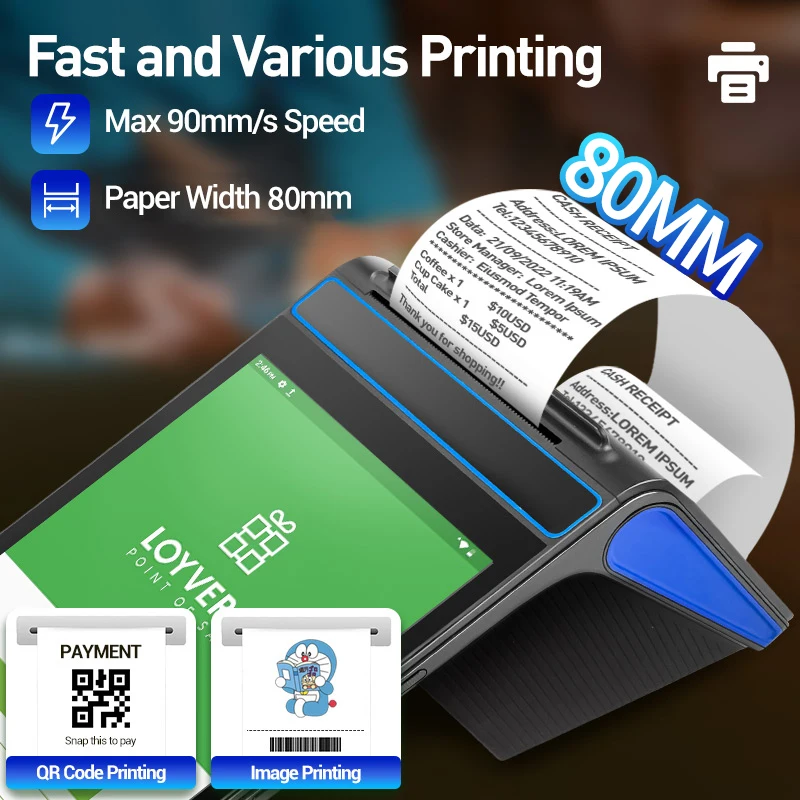 F1-88 سطح المكتب 8 بوصة تعمل باللمس نظام Pos رمز الماسح الضوئي أندرويد 14 محطة سوبر ماركت 80 مللي متر طابعة NFC GMS معتمدة Pos