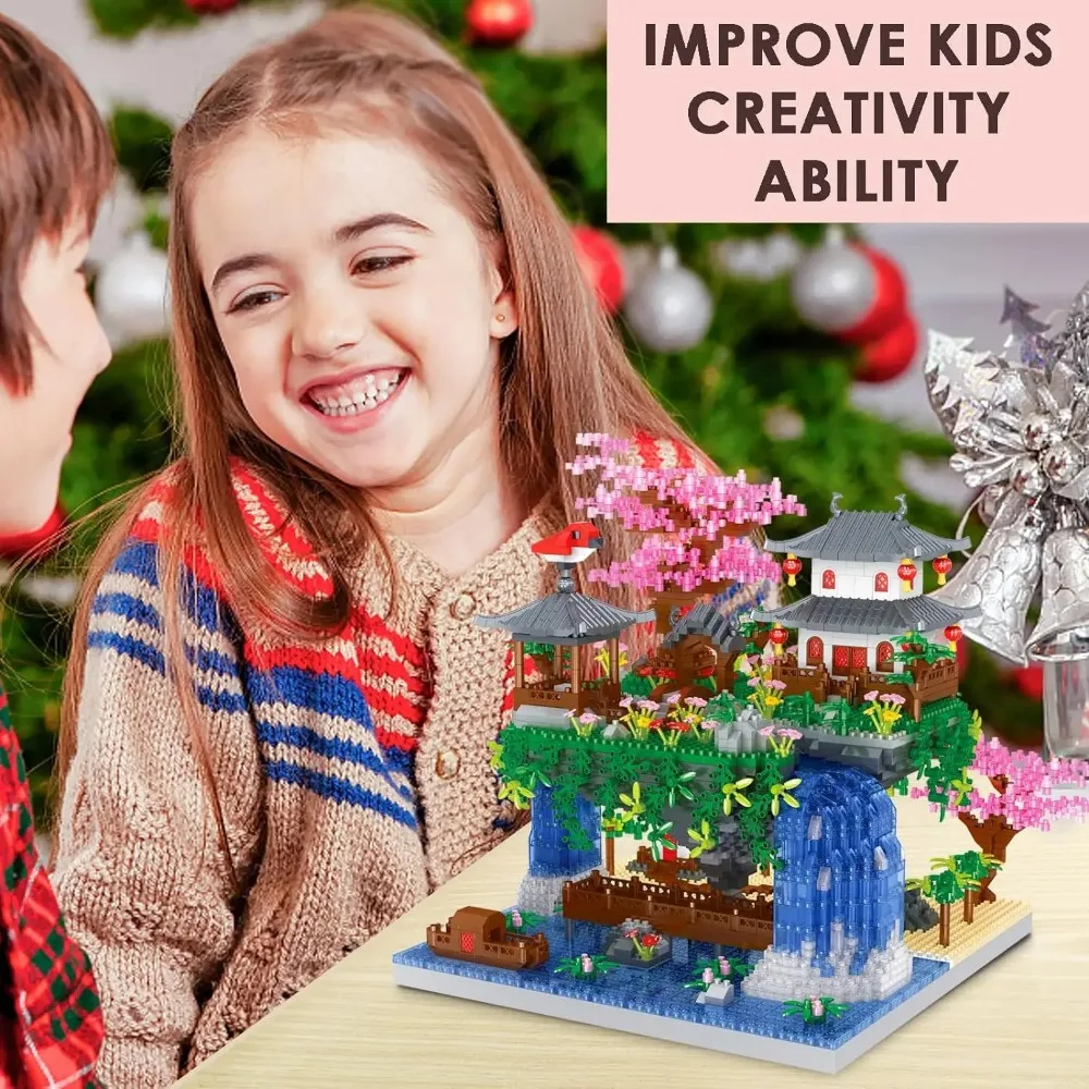 MOC Peach Blossom Pool Cherry Tree House Building Block สถาปัตยกรรมจีน DIY อิฐ Cherry Blossom ของเล่นสําหรับเด็กผู้ใหญ่ของขวัญ