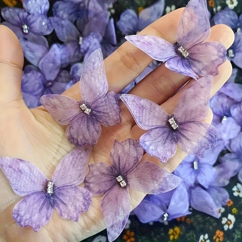 24 farbenfrohe Schmetterlings-Aufkleber – handgefertigte 3D-Stoffapplikationen für Hochzeitskleider, Kleidung und Haaraccessoires. – Detail 5