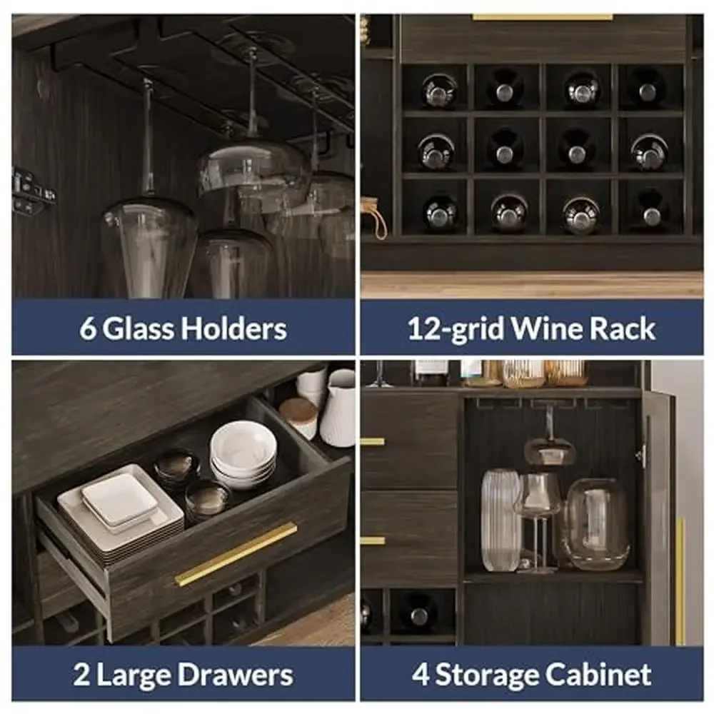 Vitrina para vino de 55 pulgadas con puerta de cristal y estantes ajustables, organizador de licores estilo granja, comedor y sala de estar