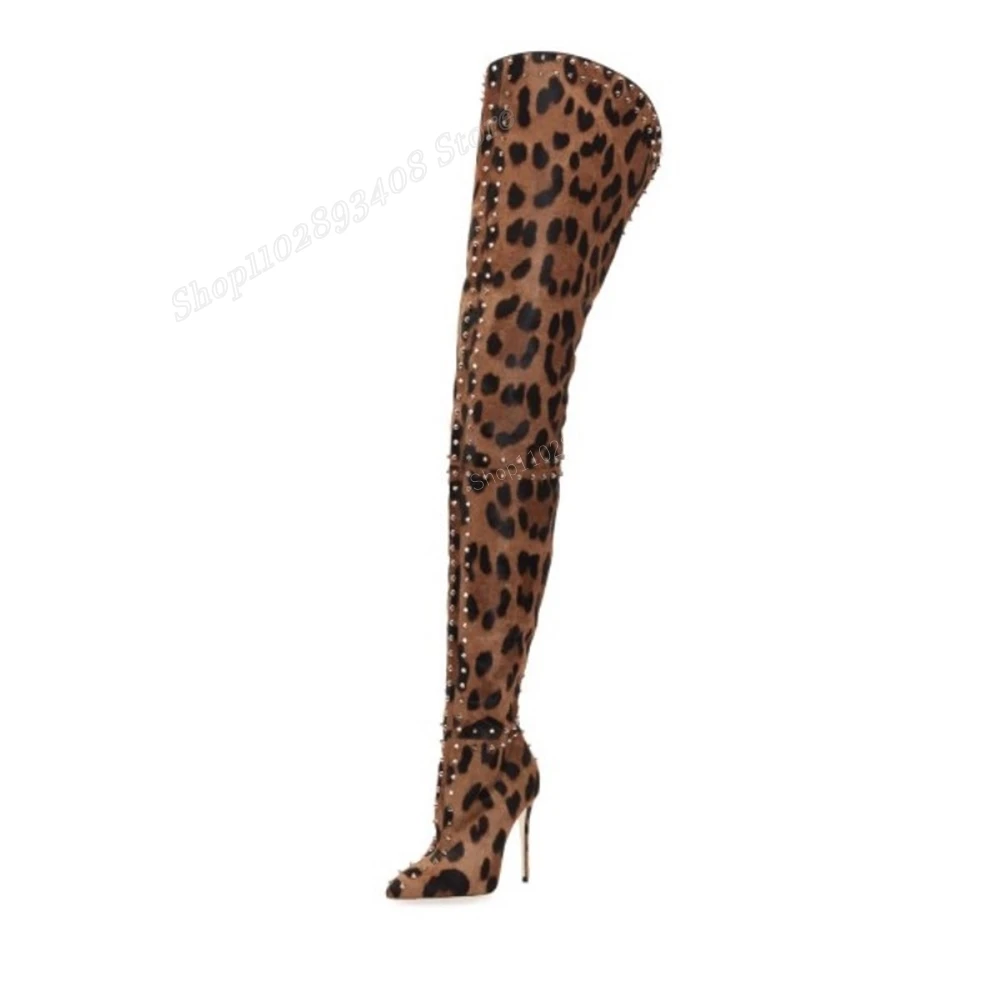 

Leopard Pattern Rivet Decor Over the Knee Boots Pointed Toe Stiletto High Heel Sexy Women Shoes 2024 Fashion Zapatos Para Mujere