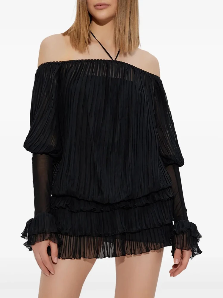 

Women's clothing Y2K autumn and winter halter neck off-the-shoulder pleated women's top long-sleeved one-shoulder dress 2025 new