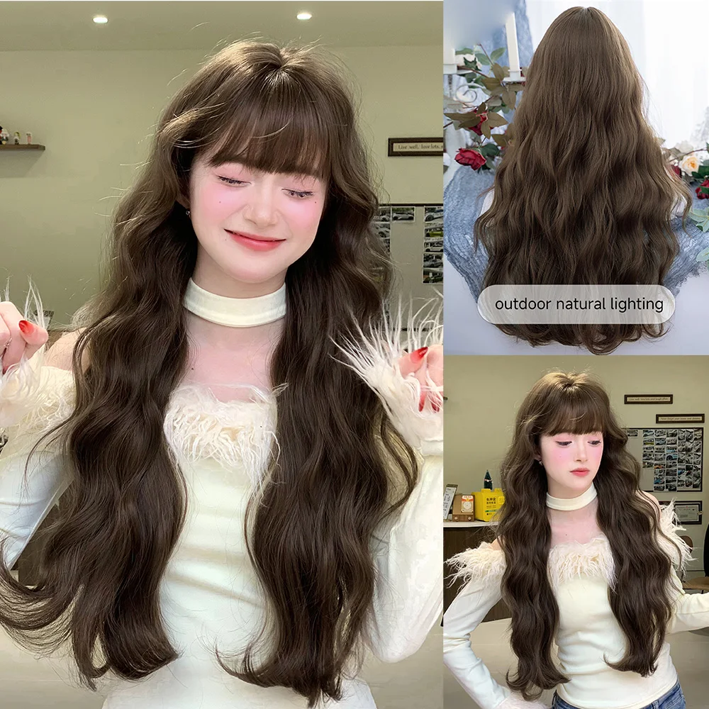 28Inch Cold Brown Color Lady Style Synthetic Wigs with Bang Long Wavy Hair Wig for Women Daily Use Cosplay Drag Heat Resistant