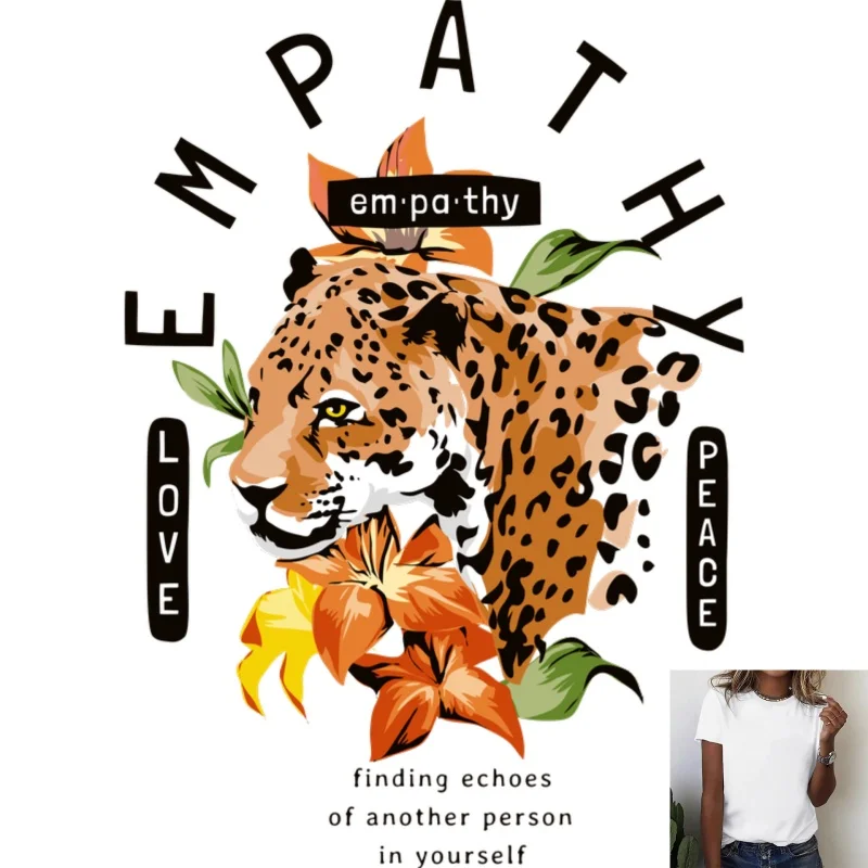 Patch thermocollant tendance imprimé léopard et floral à l'encre blanche, avec lettres sur le thème de l'empathie, idéal pour t-shirts et toiles