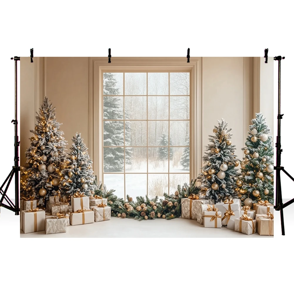 Mehofond Christmas Photography Background Winter Boho Fireplace Window Xmas Tree Kids Family Portrait Decor Photo Backdrop