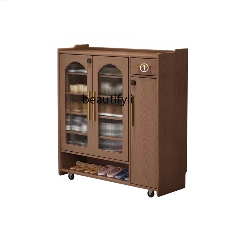 

Movable Shoe Cabinet with Lock Home Doorway Corridor Home Solid Wood Shoe Cabinet Door Elevator New Large Capacity