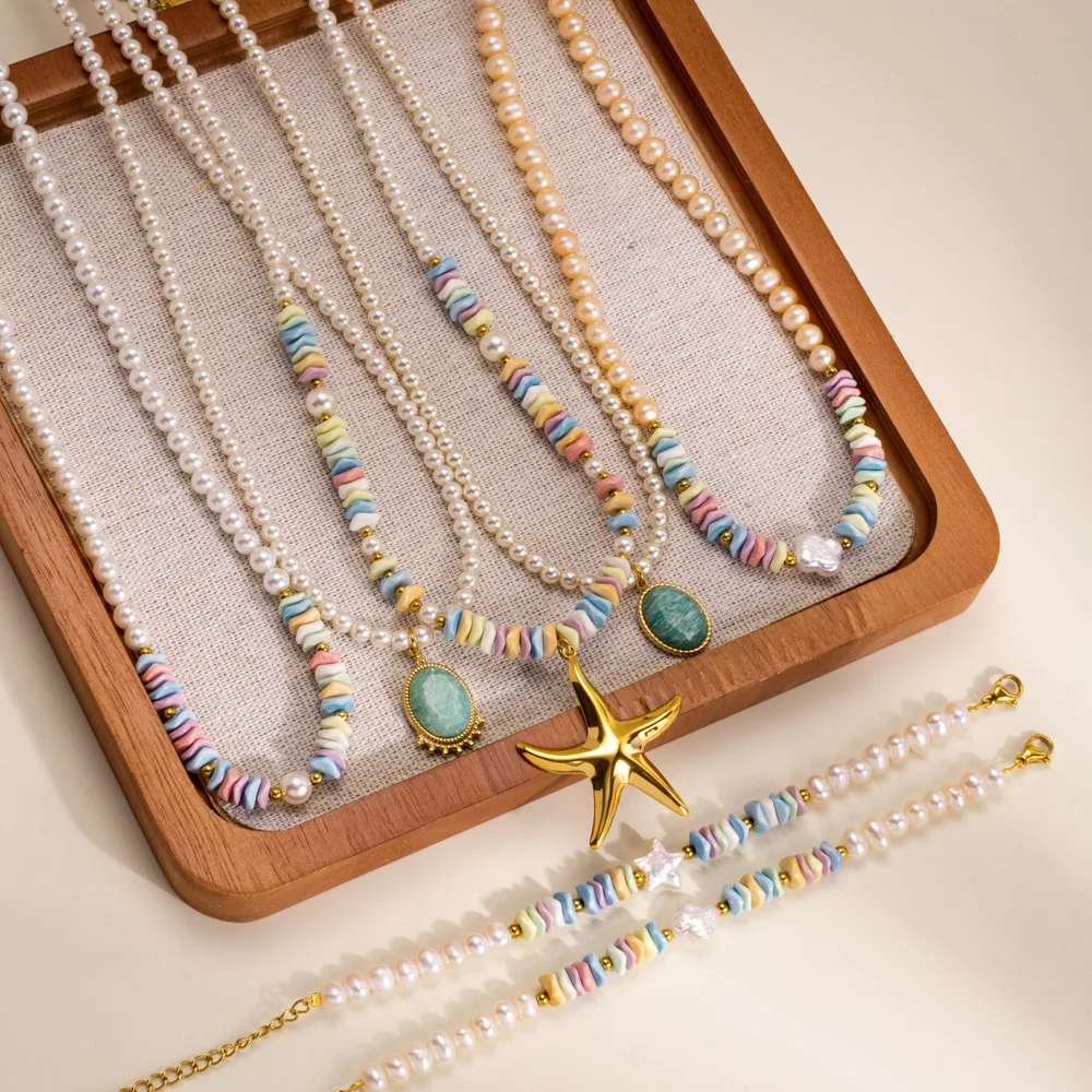 

V.Stainless Steel Natural Freshwater Pearl Natural Stone Heavy Handmade Beads Necklace Bracelet for Jewelry Making Wholsale