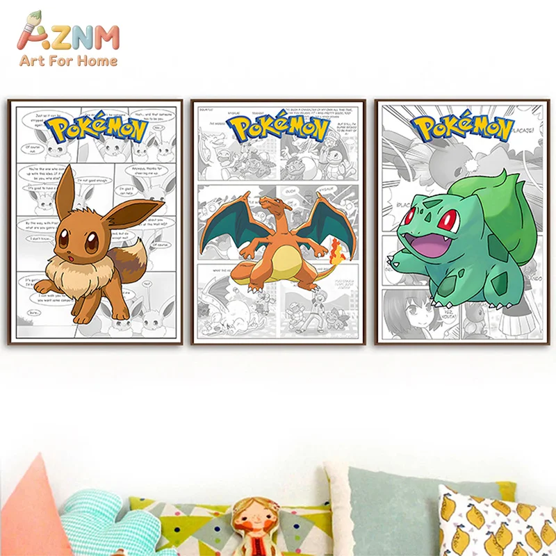 AZNM Pokemon Comic Canvas Poster Pikachu Snorlax Charmander Anime Wall Art Print Kids Bedroom Home Decor Painting Gift
