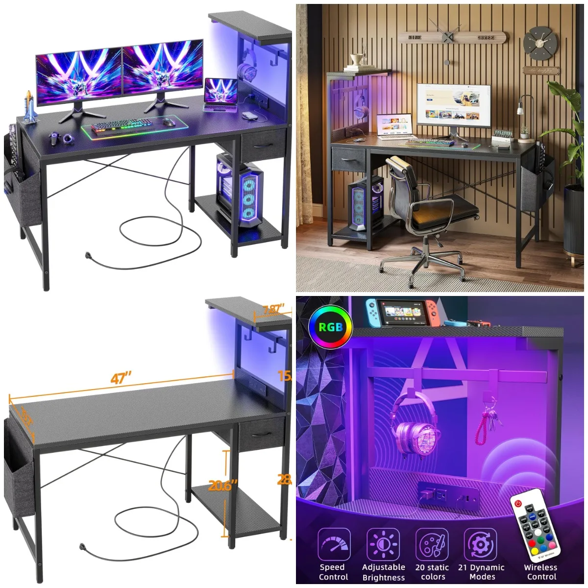 

Игровой стол 47 футов с розеткой и светодиодной подсветкой, двусторонними полками, ящиком для хранения, черным углеродным волокном