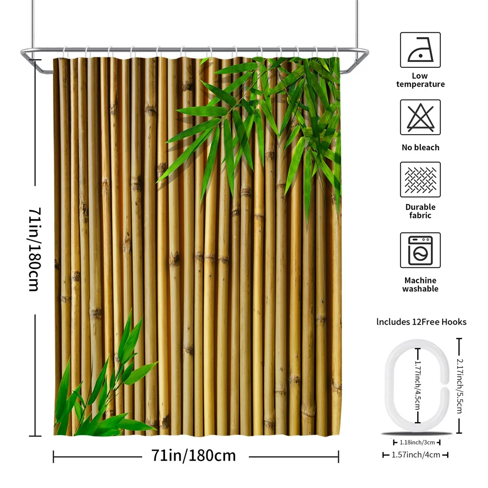 1PC, green bamboo wall, modern home bathroom waterproof shower curtain, with 12 plastic hooks, 71in*71in