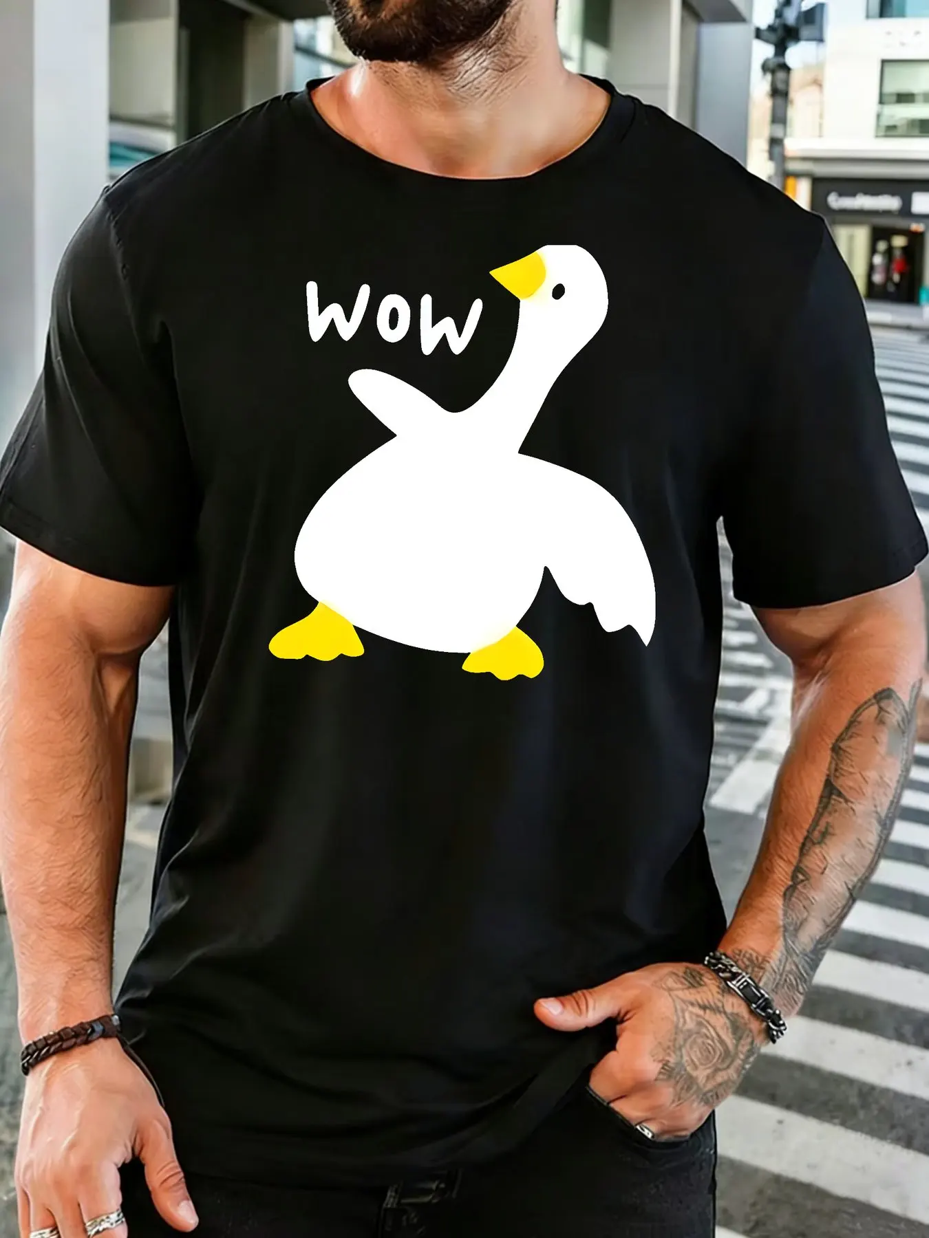 Mens Soft Cotton Tee Cute White Duck Wow Simple Cartoon Print O Neck Short Sleeve Loose Casual Summer Top For Animal Loving Men