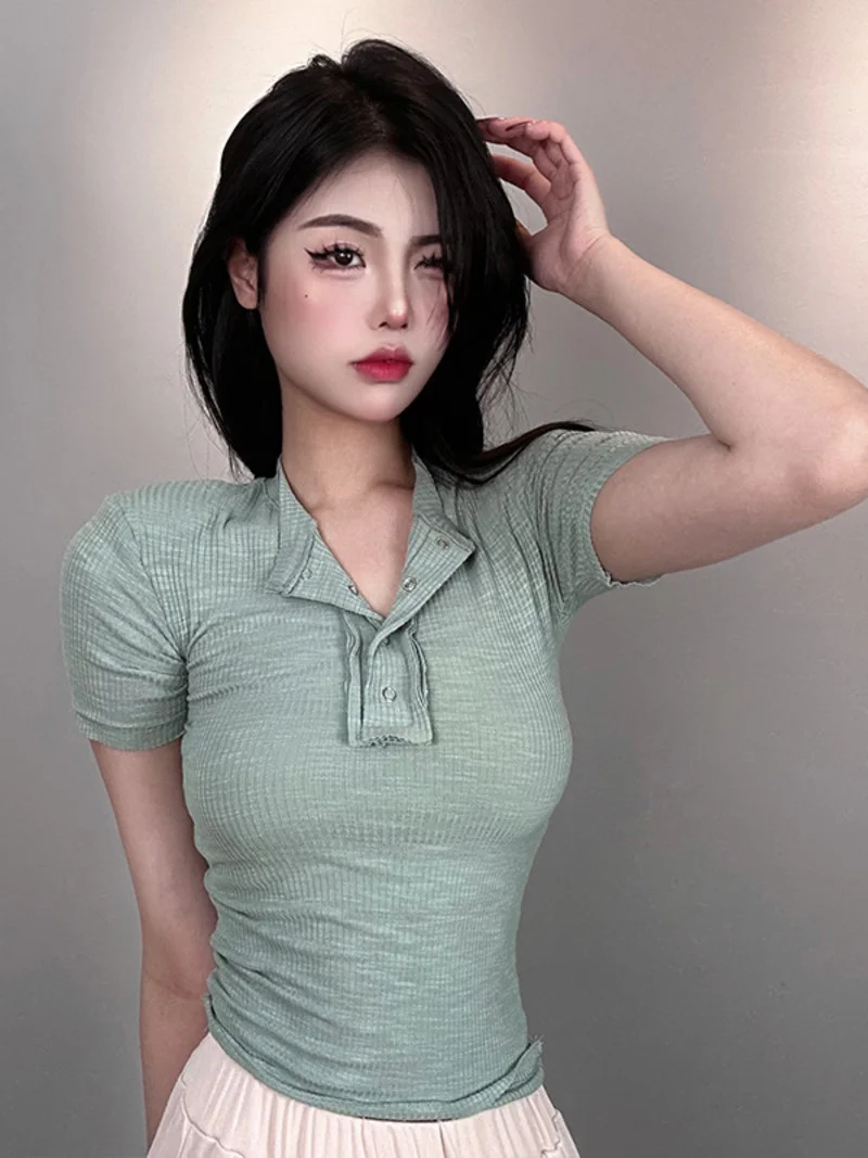 Slim Sexy Half Open Collar Shoulder Pad Short Sleeve T-shirt Top Women Tees Sweet Women Tops Fashion 2023  C950