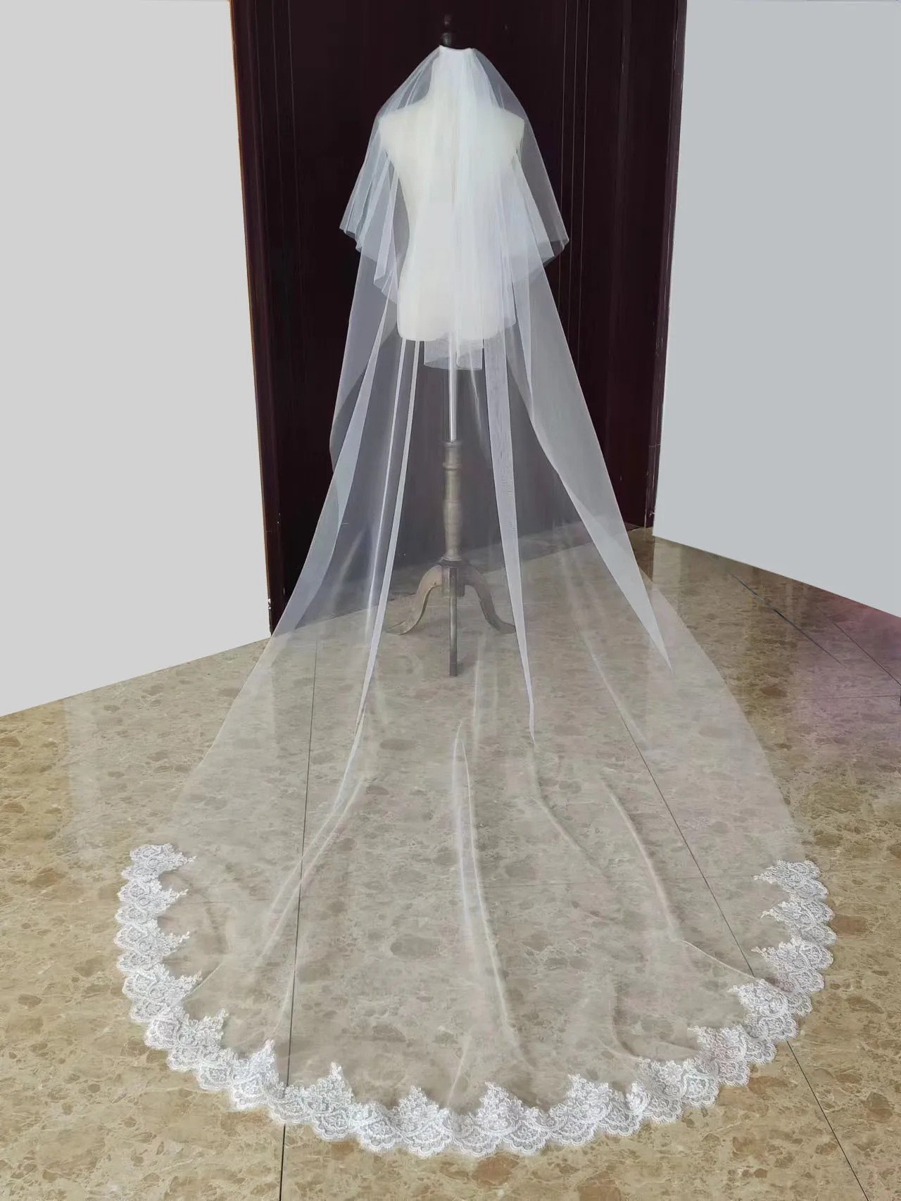 Lace Cathedral 2 Layers Wedding Veil 3 Meters 2T Cover Face Bridal Veil with Comb Blusher Veil Wedding Accessories