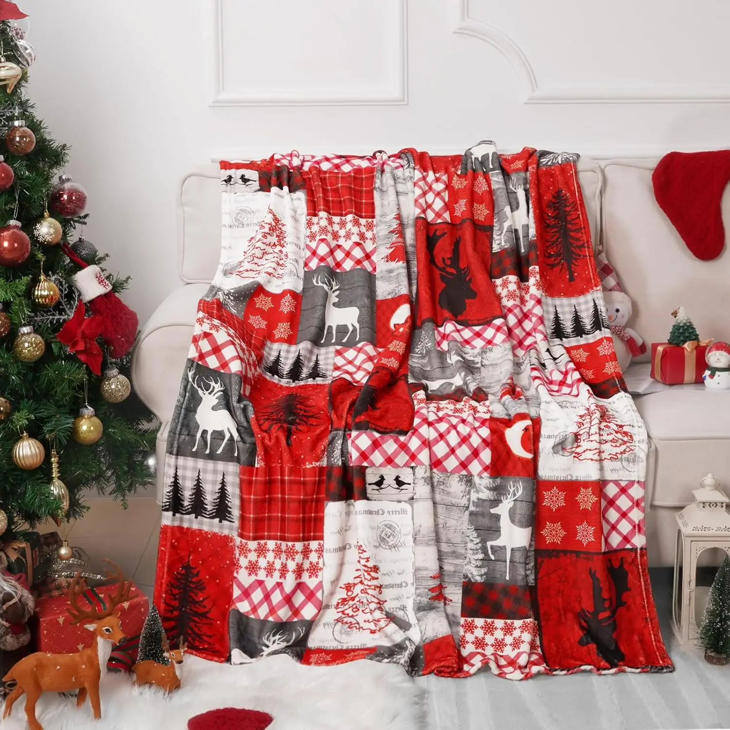 1PC Weihnachtsdecke Weihnachtsbaum Weihnachtsüberwurf Decke Weiche warme Flanell Rentier Weihnachtsdecken für Couch Bett Sofa