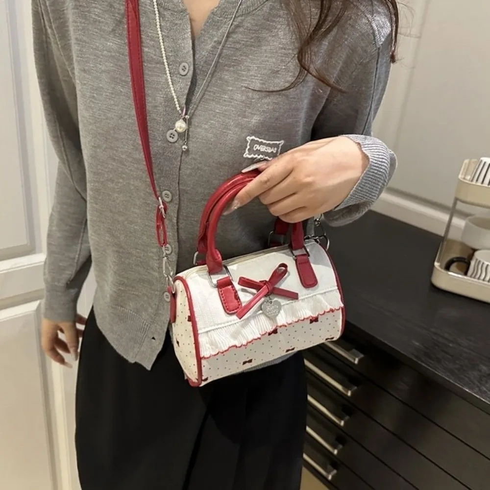 

Messenger Bag Polka Dot Boston Handbag Waterproof Single Shoulder Crossbody Bowling Bag Bow Korean Style Small Square Bag Women