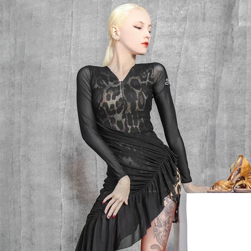 Vestido Irregular de malla con estampado de leopardo sexi de manga larga para mujer, ropa de baile latino para adultos, vestido de competición de baile latino