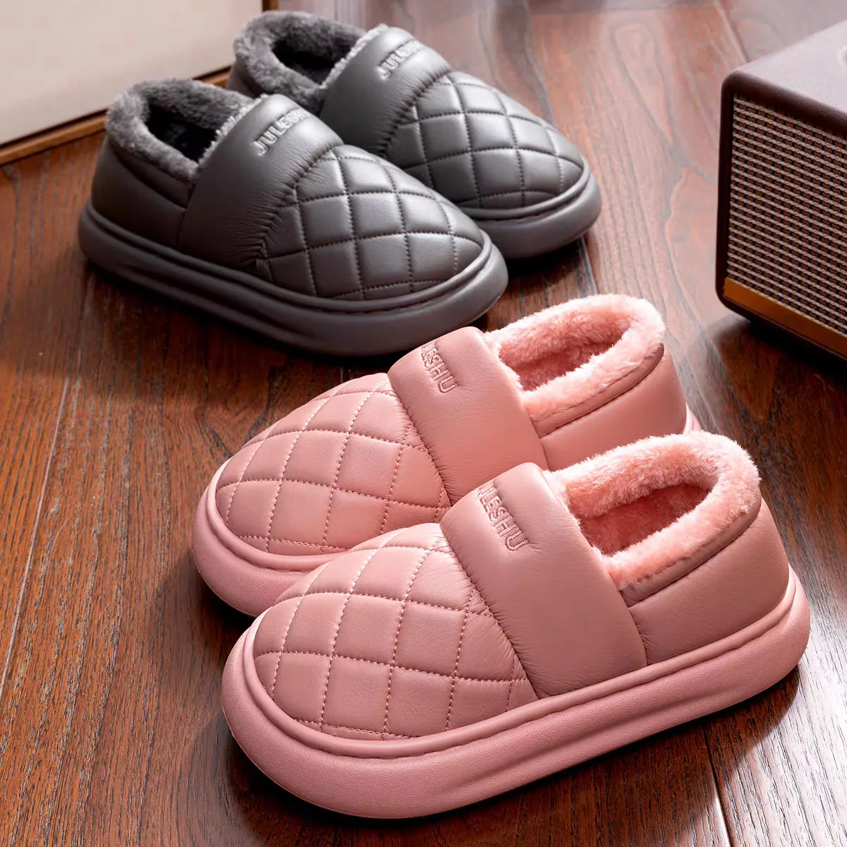 

Men Fashion Plush Shoes Women Winter Waterproof PU Leather Slides Couples Non-slip Home Bedroom Flats Outdoor Soft Cotton Shoe