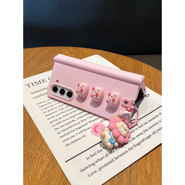 Fashion DIY Cute Pink Pig Pendant Skin Feel Phone Case For Samsung Galaxy Z Fold 7 6 5 4 3 zfold5 5G Full Protector Hinge Cover