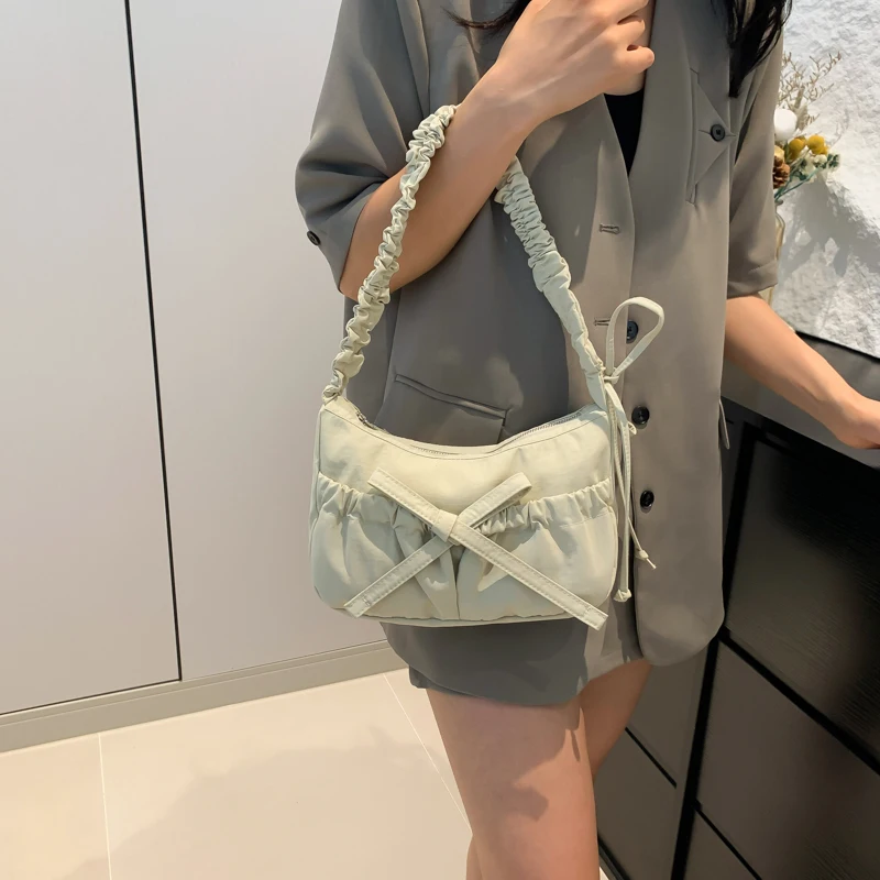 

Women Chic Tote Handbag with Ruched Drawstring Strap Bow Casual Underarm Bag Solid Color Cute Sling Bag Female Daily Handbag