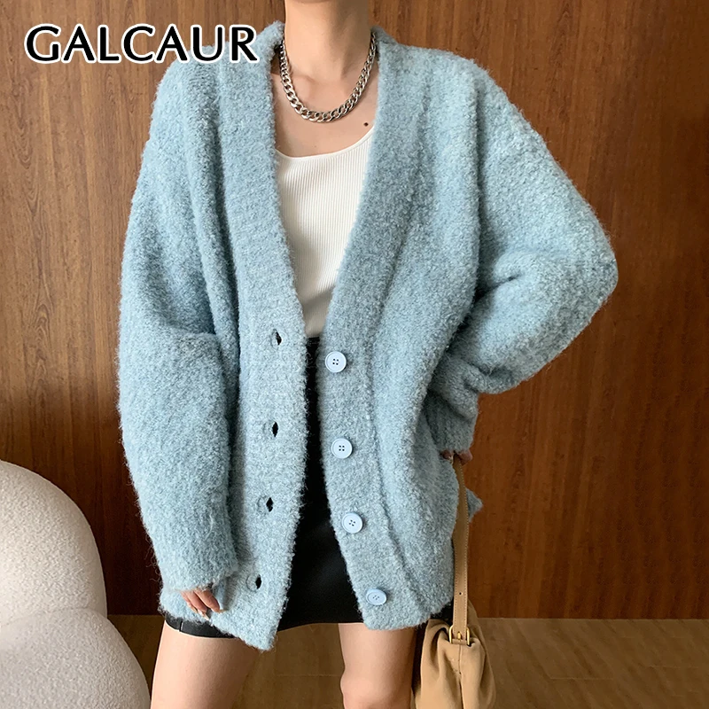 

GALCAUR Solid Casual Kniting Coats For Women V Neck Long Sleeve Spliced Single Breasted Minimalist Coats Female Fashion Style