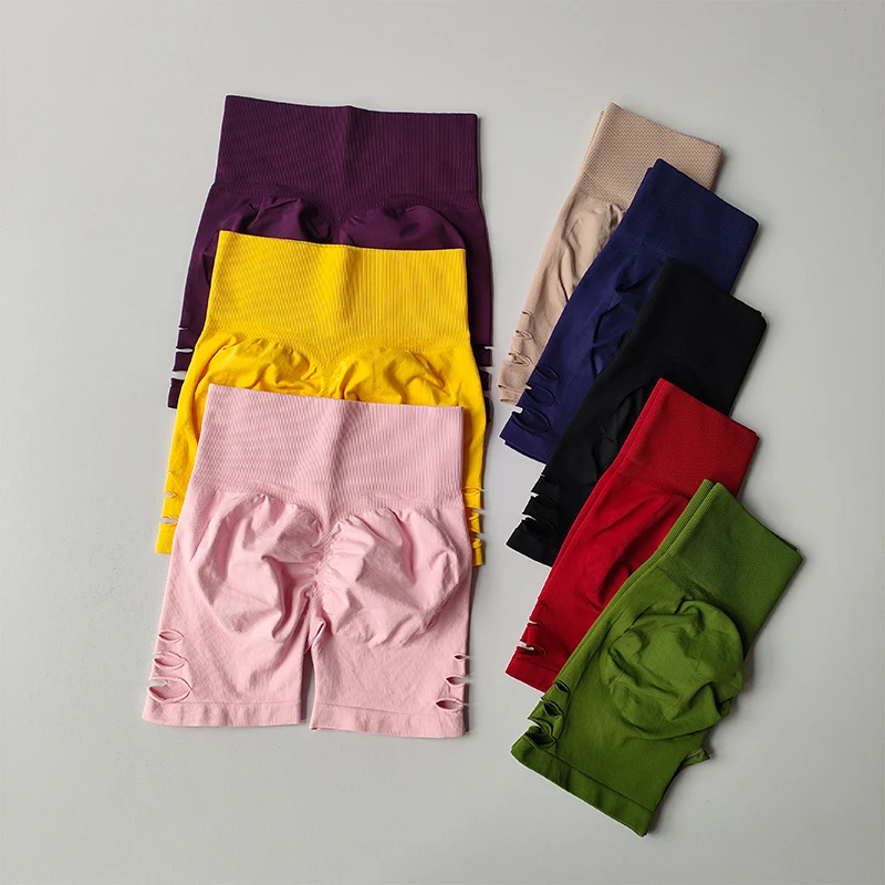 Pfirsichfarbene Sport-Shorts mit hoher Taille, dreiteilige Yoga-Hose für den Sommer, lichtdicht, schnelltrocknend, geeignet für Pilates und Fitness. – Detail 3
