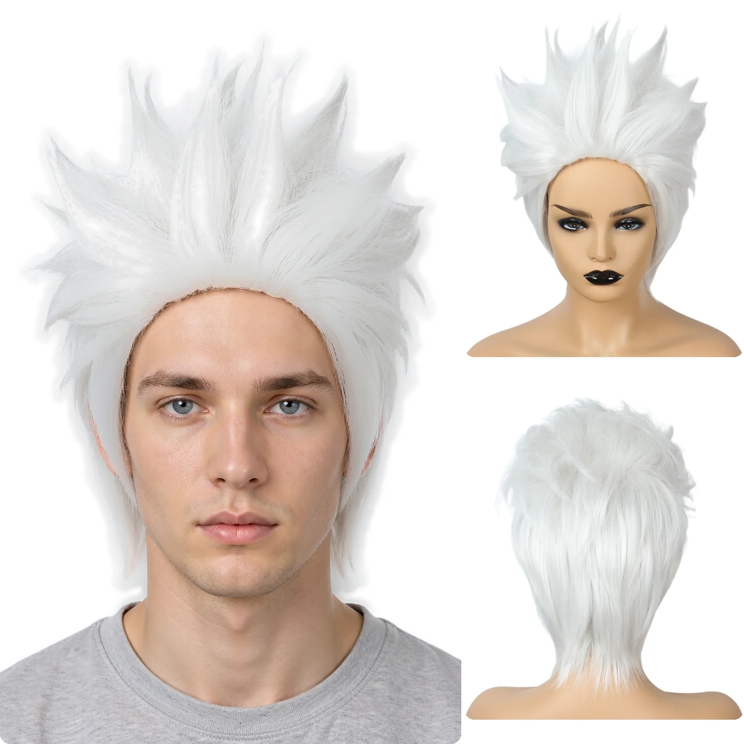 Anime Short White Spiky Wig Heat Resistant Synthetic Hair Cosplay Costume