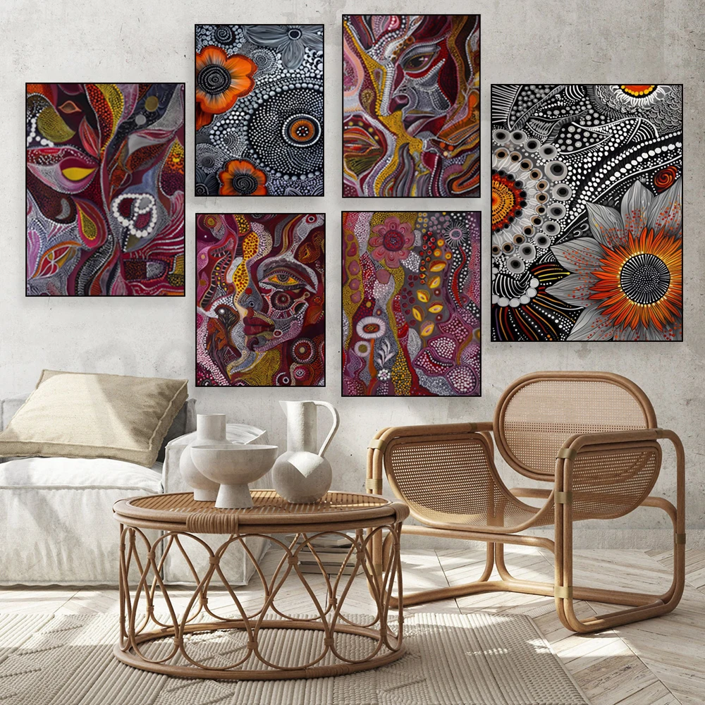 Aboriginal dot print, Australian aboriginal style abstract woman, floral poster, tribal pattern, ethnic traditional native
