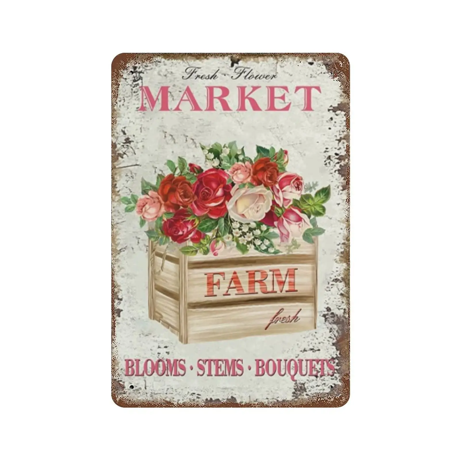 Farm Fresh Flower Market Tin Metal Sign Spring Summer Fresh Roses Box Yard Sign Country Chic Floral Plant Artwork Poster Iron Si