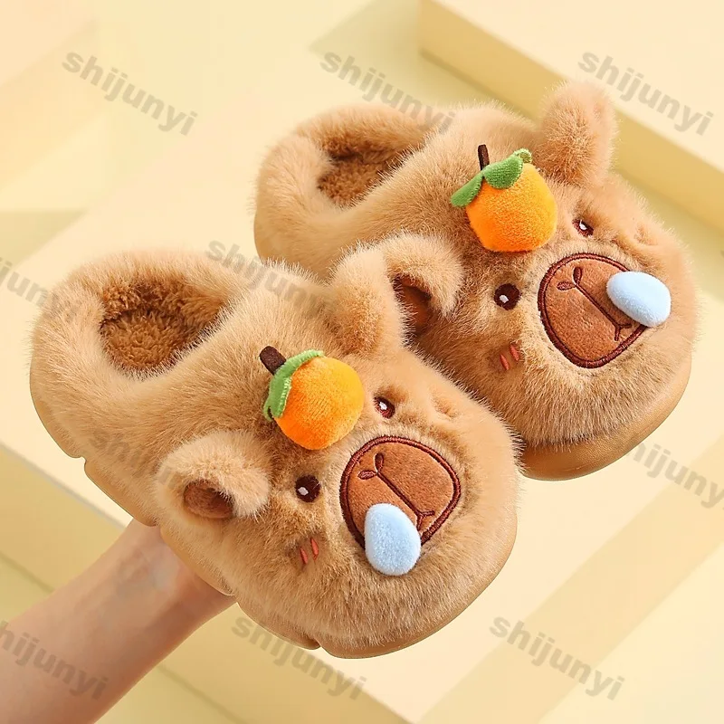 Capybara Children Slippers Winter Cute Fluffy Cotton Indoor Floor Shoes Woman Warm Comfortable Cartoon Plush Floor Home Slipper