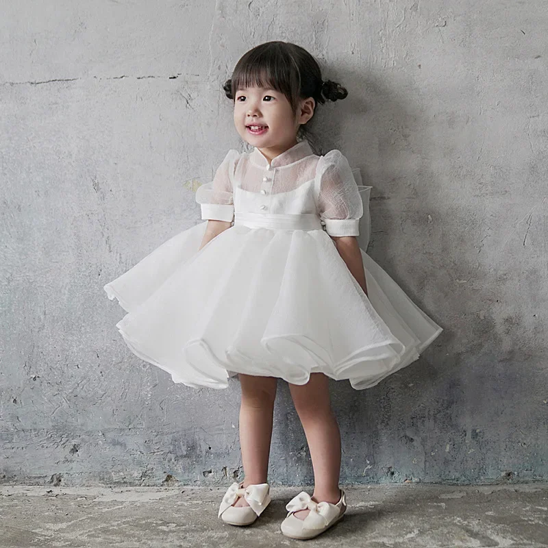 Girls Casual Dresses Children Clothing Baby High Waisted Princess Style Birthday Pengpeng Mesh Yarn Bow Knot Soild